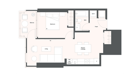 Floor plan for 1 bed, 1 bath, 594 sqft
